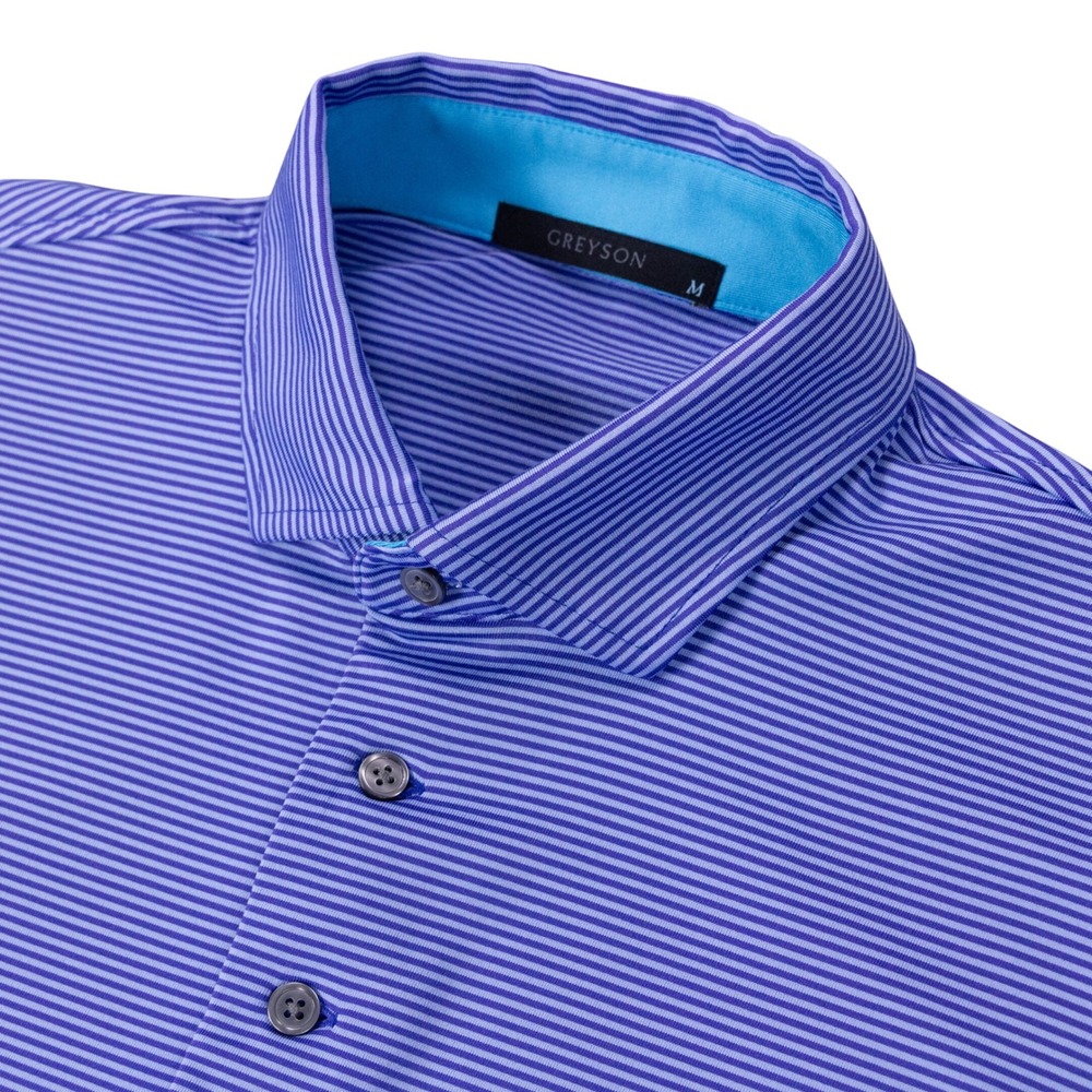 Greyson Polo Shirt Mens Medium Blue Striped Polyester Spandex Golf Active